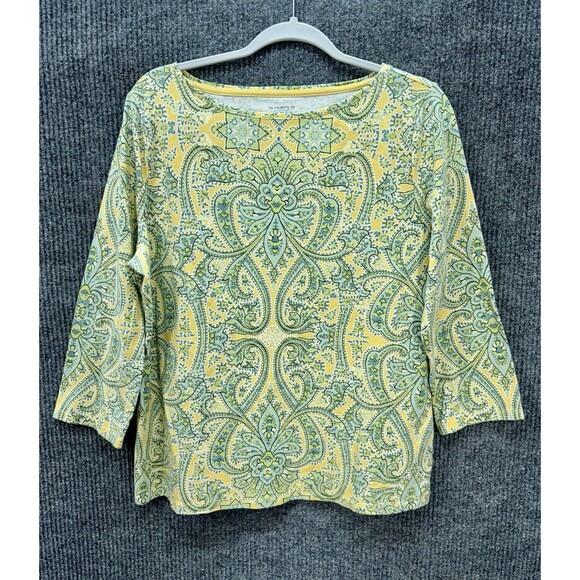 Talbots ‘The Talbots Tee’ Shirt Size XL Yellow Paisley 3/4 Sleeve Bateau Neck - Picture 2 of 8